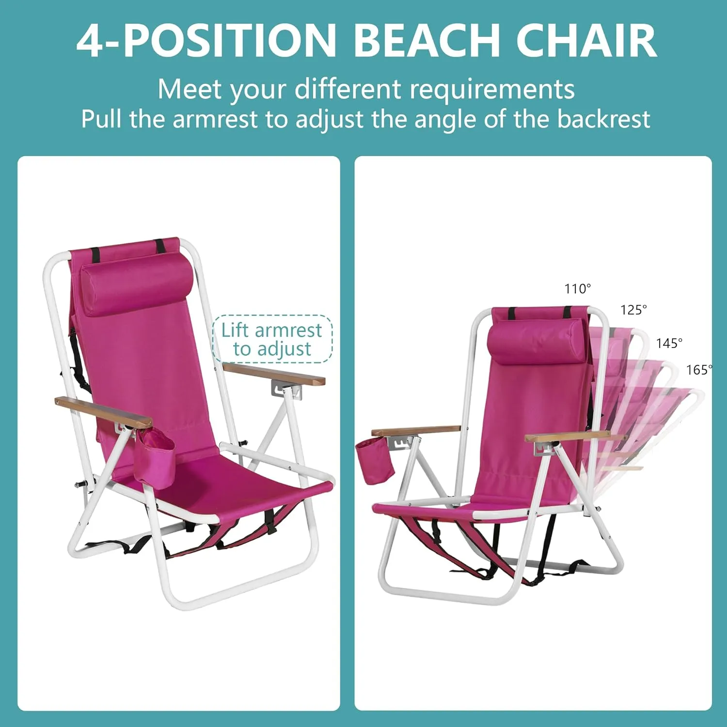 Folding Beach Chair, Portable Backpack Chair with 350lb Capacity, Camping Chair with 4 Position Reclining for Beach, Pool, Patio, Outdoor Concert Travel(Pink-2 Pack)