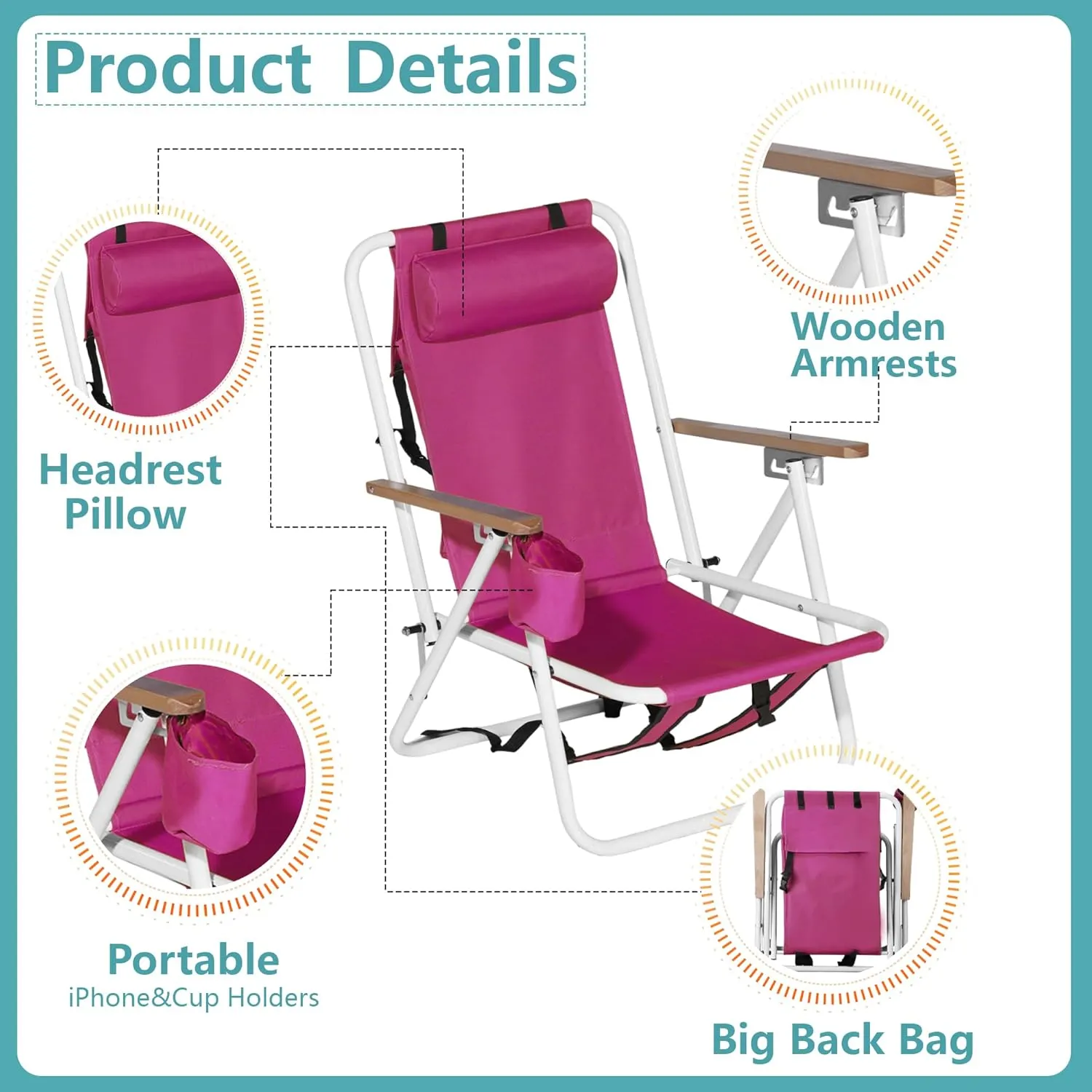 Folding Beach Chair, Portable Backpack Chair with 350lb Capacity, Camping Chair with 4 Position Reclining for Beach, Pool, Patio, Outdoor Concert Travel(Pink-2 Pack)