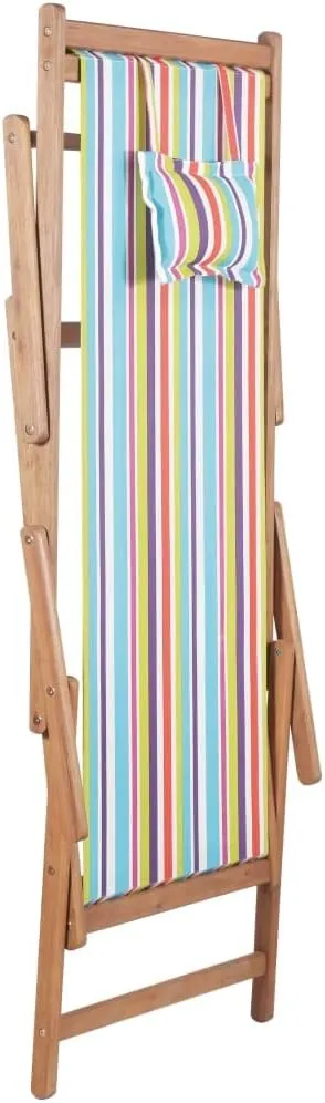 Folding Beach Chair with Wooden Frame and Multicolor Fabric - Reclining Lounge Chair for Outdoor, Patio, Camping, Balcony, Garden Use