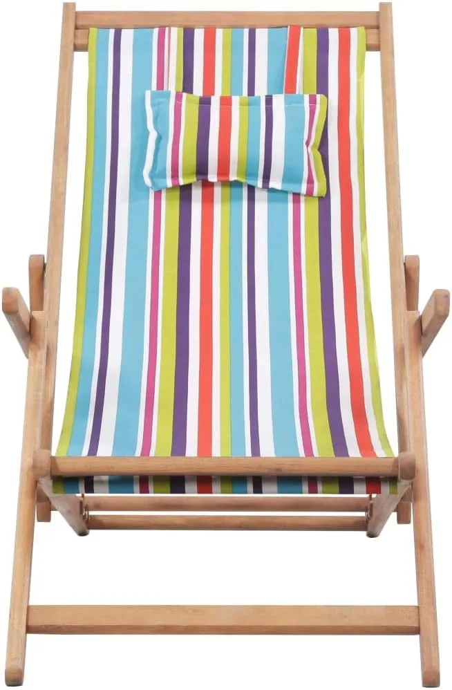 Folding Beach Chair with Wooden Frame and Multicolor Fabric - Reclining Lounge Chair for Outdoor, Patio, Camping, Balcony, Garden Use