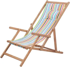 Folding Beach Chair with Wooden Frame and Multicolor Fabric - Reclining Lounge Chair for Outdoor, Patio, Camping, Balcony, Garden Use