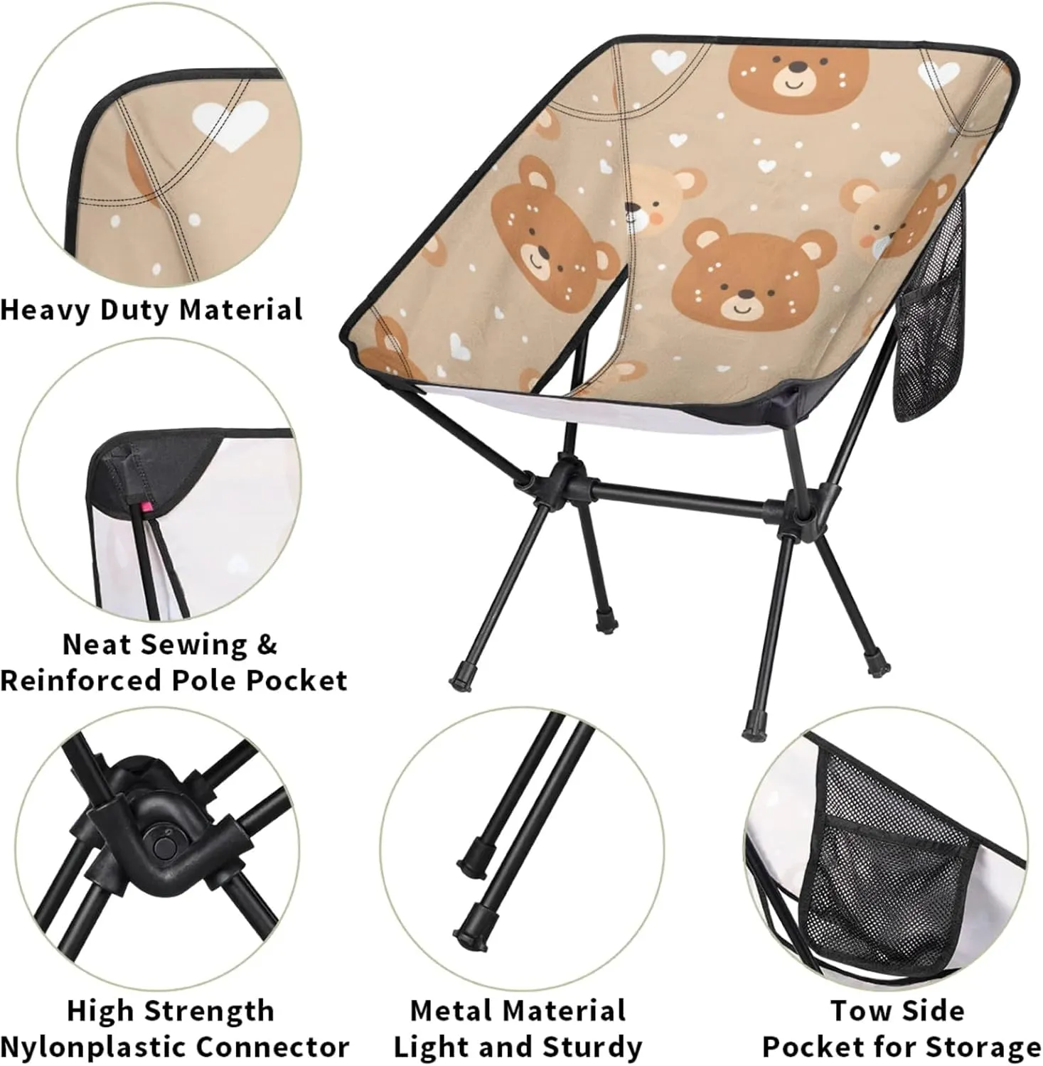 Folding Camping Chair Bears Love Heart Camping Chairs Lightweight Portable Chair Outdoor Foldable Chairs for Camping Travel Picnic Beach Hiking