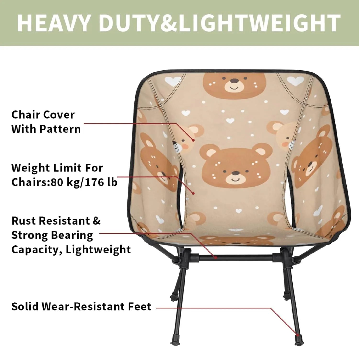 Folding Camping Chair Bears Love Heart Camping Chairs Lightweight Portable Chair Outdoor Foldable Chairs for Camping Travel Picnic Beach Hiking