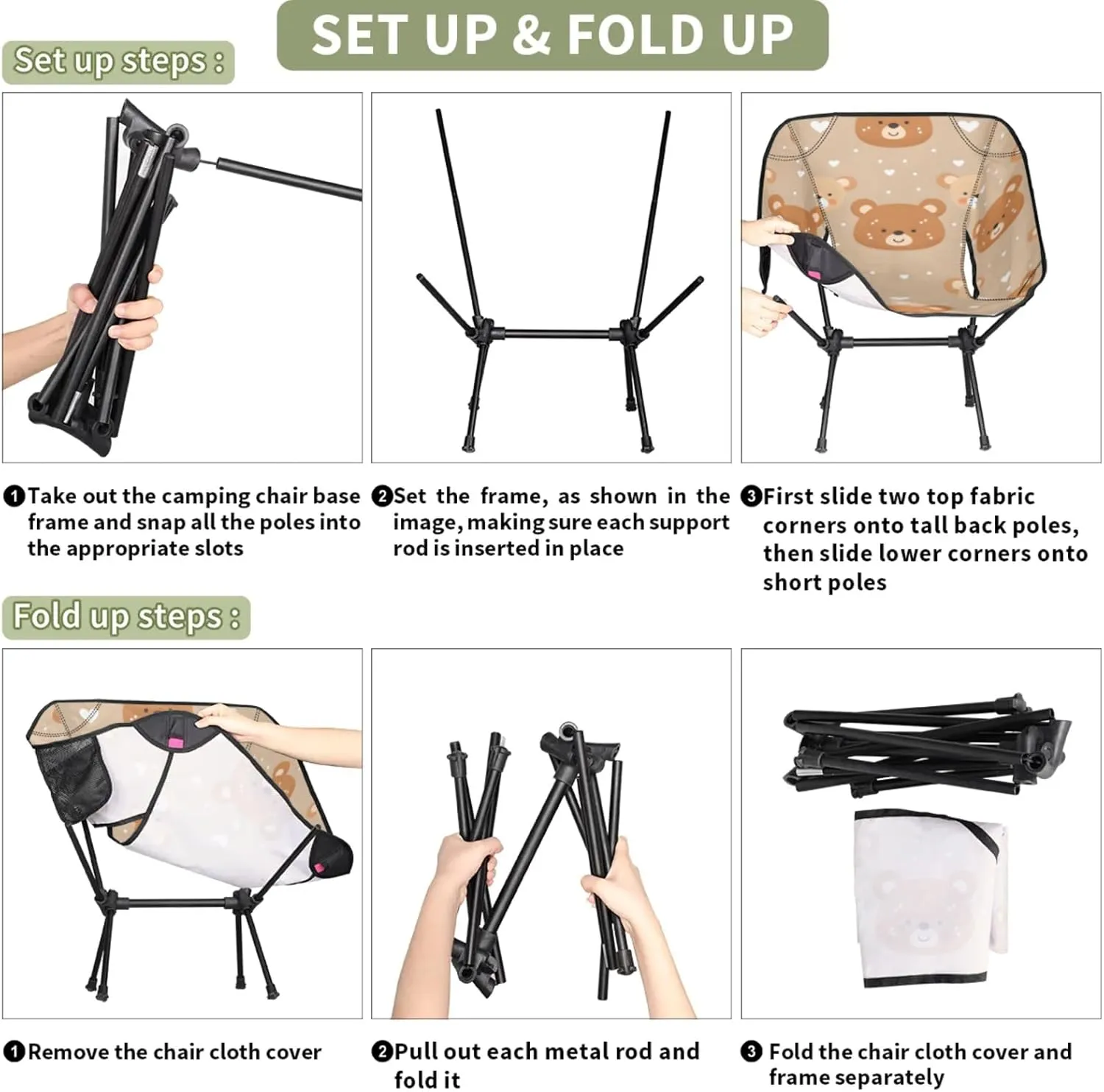 Folding Camping Chair Bears Love Heart Camping Chairs Lightweight Portable Chair Outdoor Foldable Chairs for Camping Travel Picnic Beach Hiking