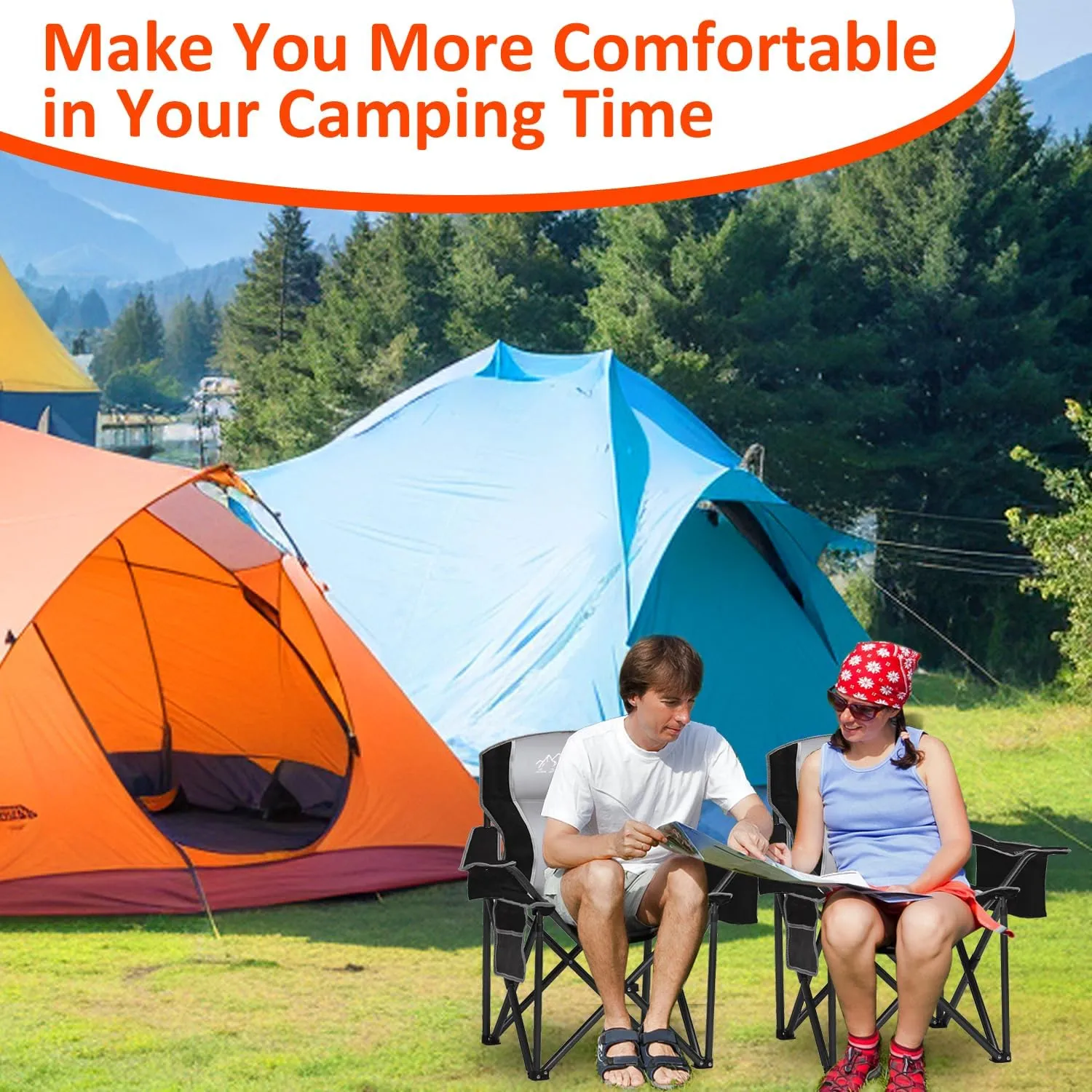 Folding Camping Chair with Cup Holder, Storage Pouch & Cooler Bag, Heavy Duty Lawn Chair, Large Anti-Sink Feet, PE Water-Resistant Fabric for Outdoor, Beach, Sports 450lbs, Black 2PCS