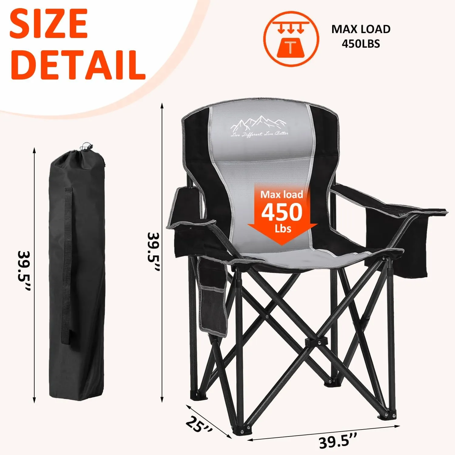 Folding Camping Chair with Cup Holder, Storage Pouch & Cooler Bag, Heavy Duty Lawn Chair, Large Anti-Sink Feet, PE Water-Resistant Fabric for Outdoor, Beach, Sports 450lbs, Black 2PCS