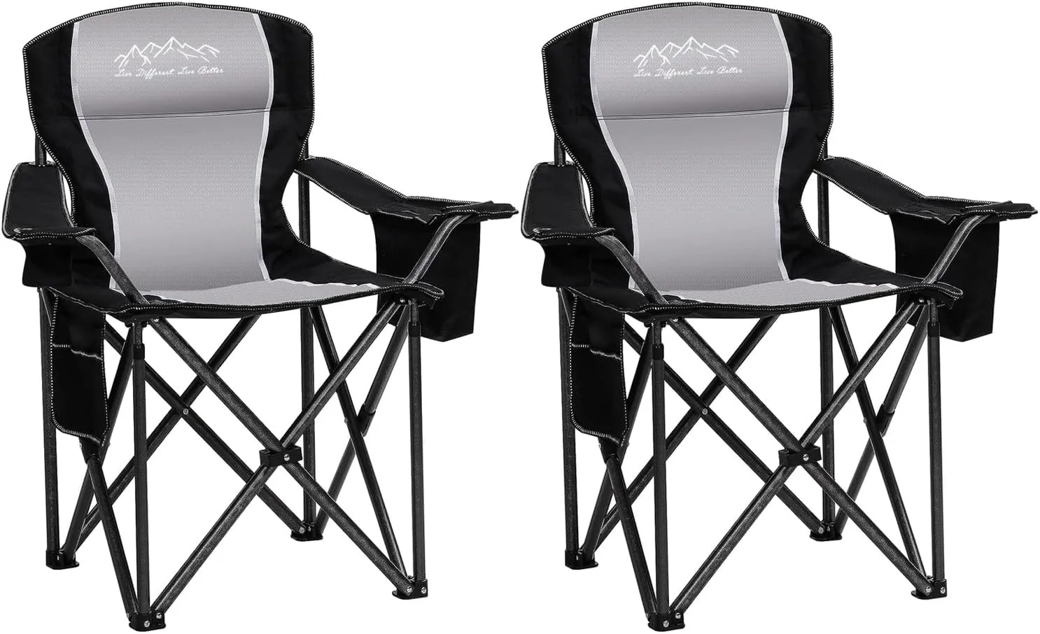 Folding Camping Chair with Cup Holder, Storage Pouch & Cooler Bag, Heavy Duty Lawn Chair, Large Anti-Sink Feet, PE Water-Resistant Fabric for Outdoor, Beach, Sports 450lbs, Black 2PCS