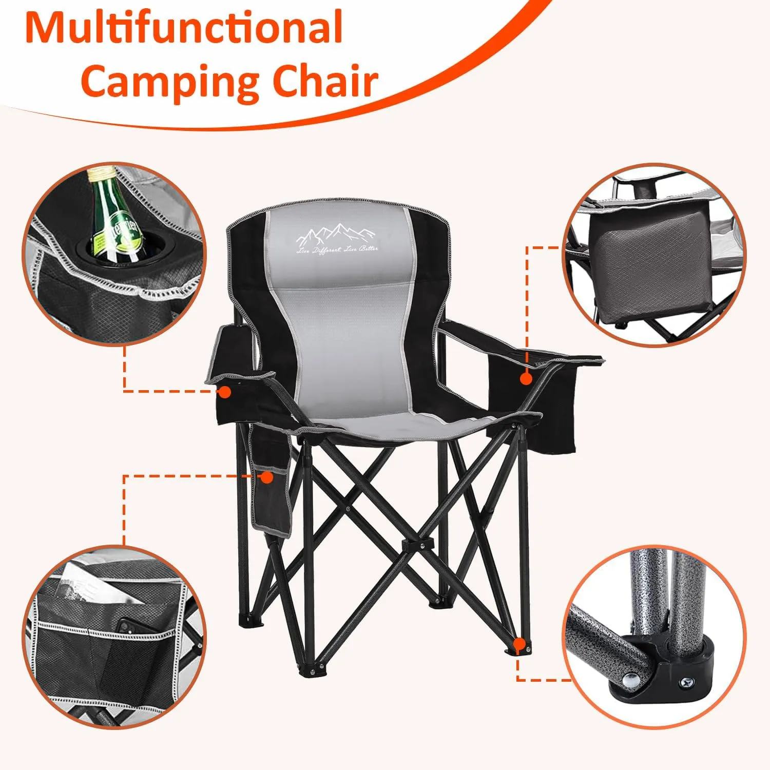 Folding Camping Chair with Cup Holder, Storage Pouch & Cooler Bag, Heavy Duty Lawn Chair, Large Anti-Sink Feet, PE Water-Resistant Fabric for Outdoor, Beach, Sports 450lbs, Black 2PCS