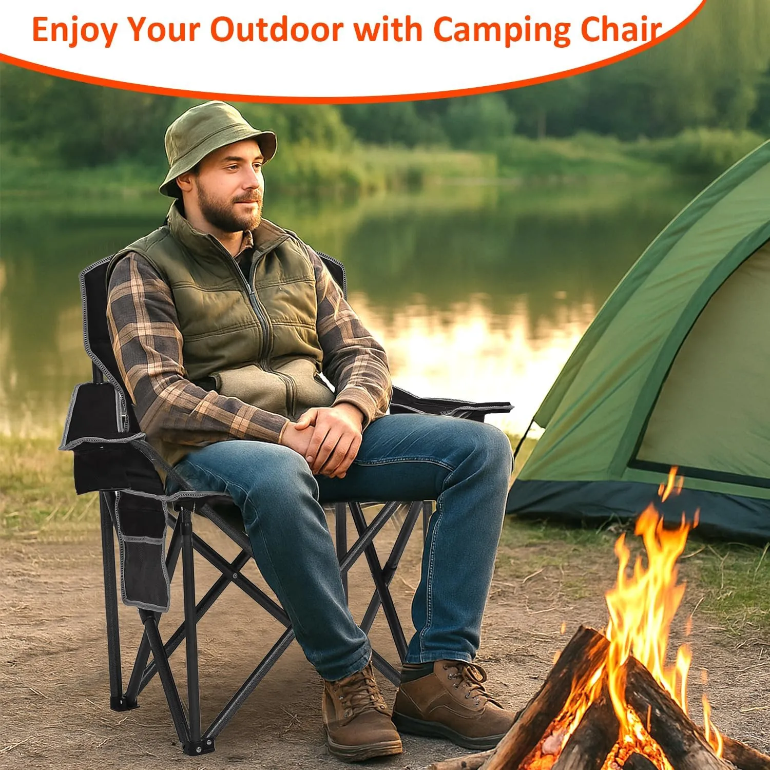 Folding Camping Chair with Cup Holder, Storage Pouch & Cooler Bag, Heavy Duty Lawn Chair, Large Anti-Sink Feet, PE Water-Resistant Fabric for Outdoor, Beach, Sports 450lbs, Black 2PCS