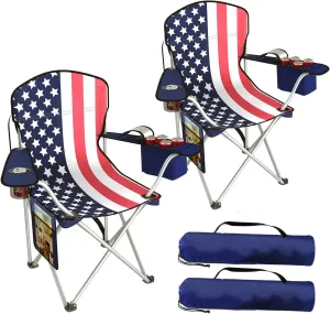 Folding Camping Chairs Durable 600D Oxford, Portable Outdoor Chair with Cooler Pouch, Cup Holder & Storage Pocket for Camping, Beach, Fishing (2 Pack, Flag Color)