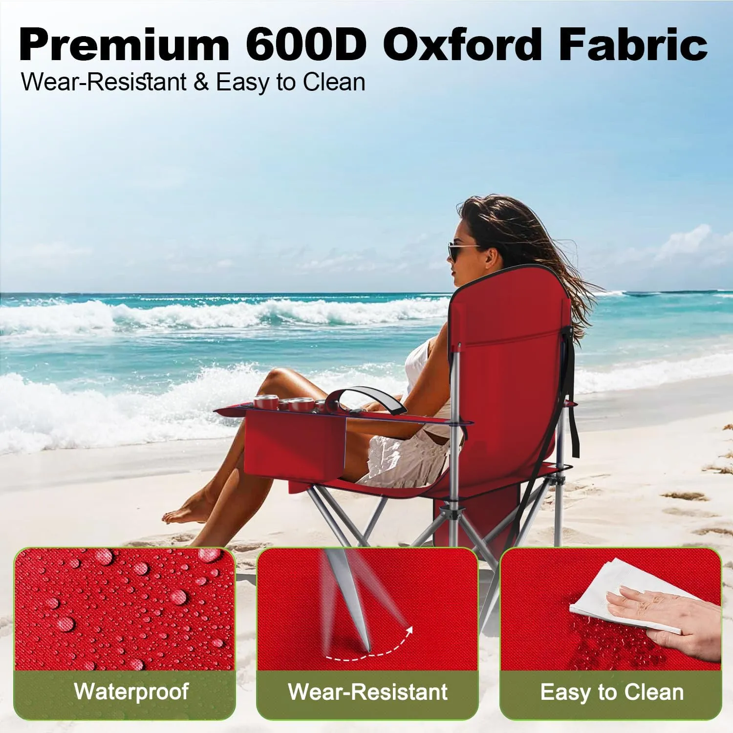 Folding Camping Chairs Durable 600D Oxford, Portable Outdoor Chair with Cooler Pouch, Cup Holder & Storage Pocket for Camping, Beach, Fishing (2 Pack, Red)