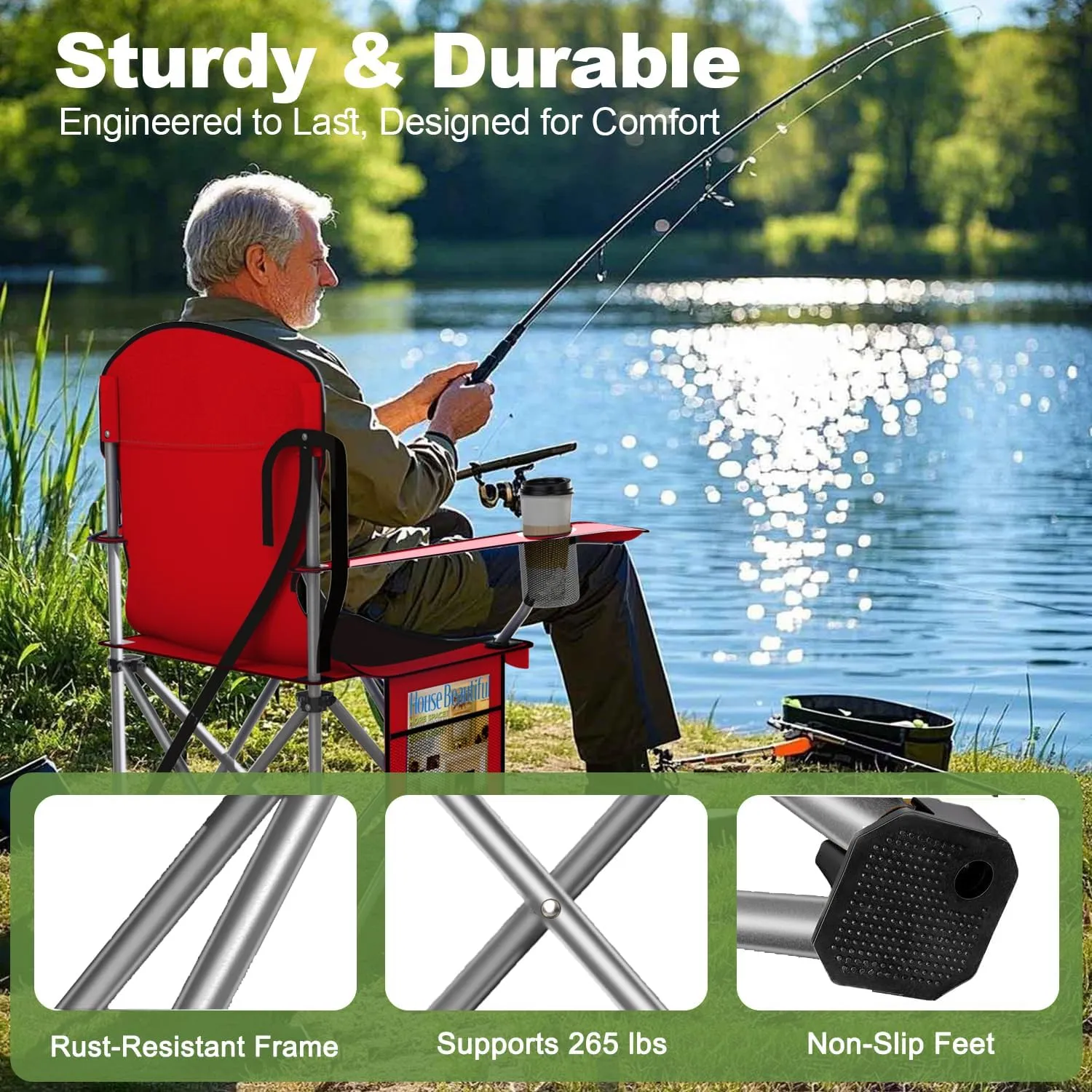 Folding Camping Chairs Durable 600D Oxford, Portable Outdoor Chair with Cooler Pouch, Cup Holder & Storage Pocket for Camping, Beach, Fishing (2 Pack, Red)