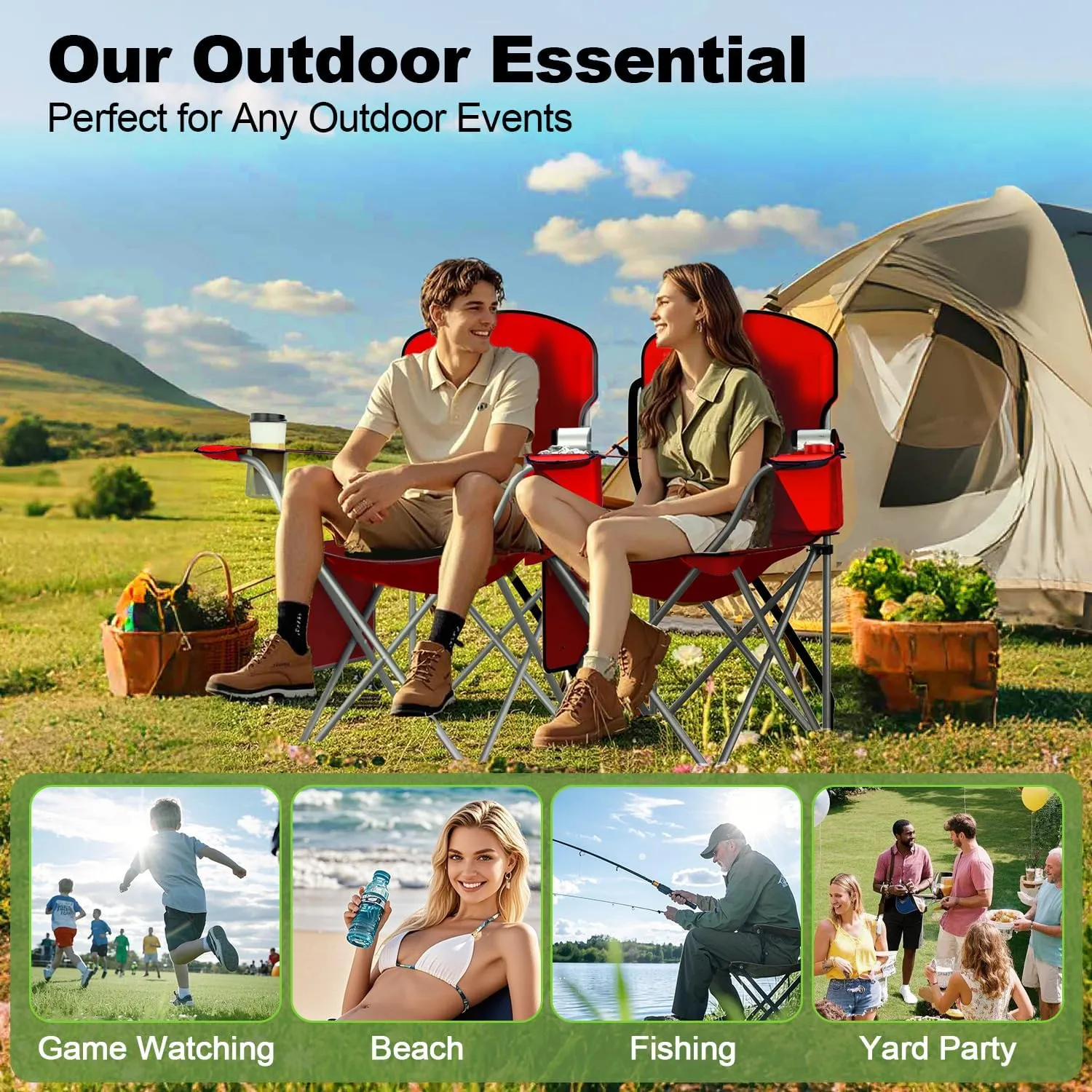 Folding Camping Chairs Durable 600D Oxford, Portable Outdoor Chair with Cooler Pouch, Cup Holder & Storage Pocket for Camping, Beach, Fishing (2 Pack, Red)