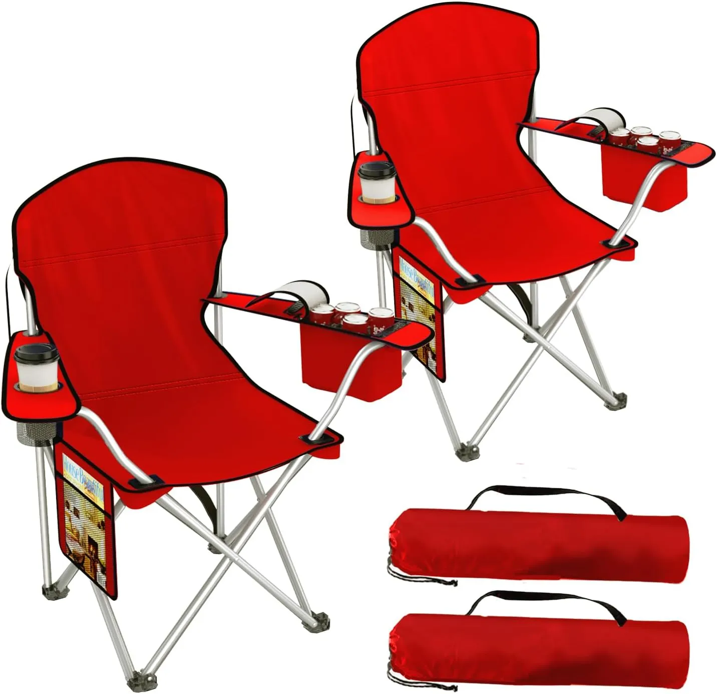 Folding Camping Chairs Durable 600D Oxford, Portable Outdoor Chair with Cooler Pouch, Cup Holder & Storage Pocket for Camping, Beach, Fishing (2 Pack, Red)