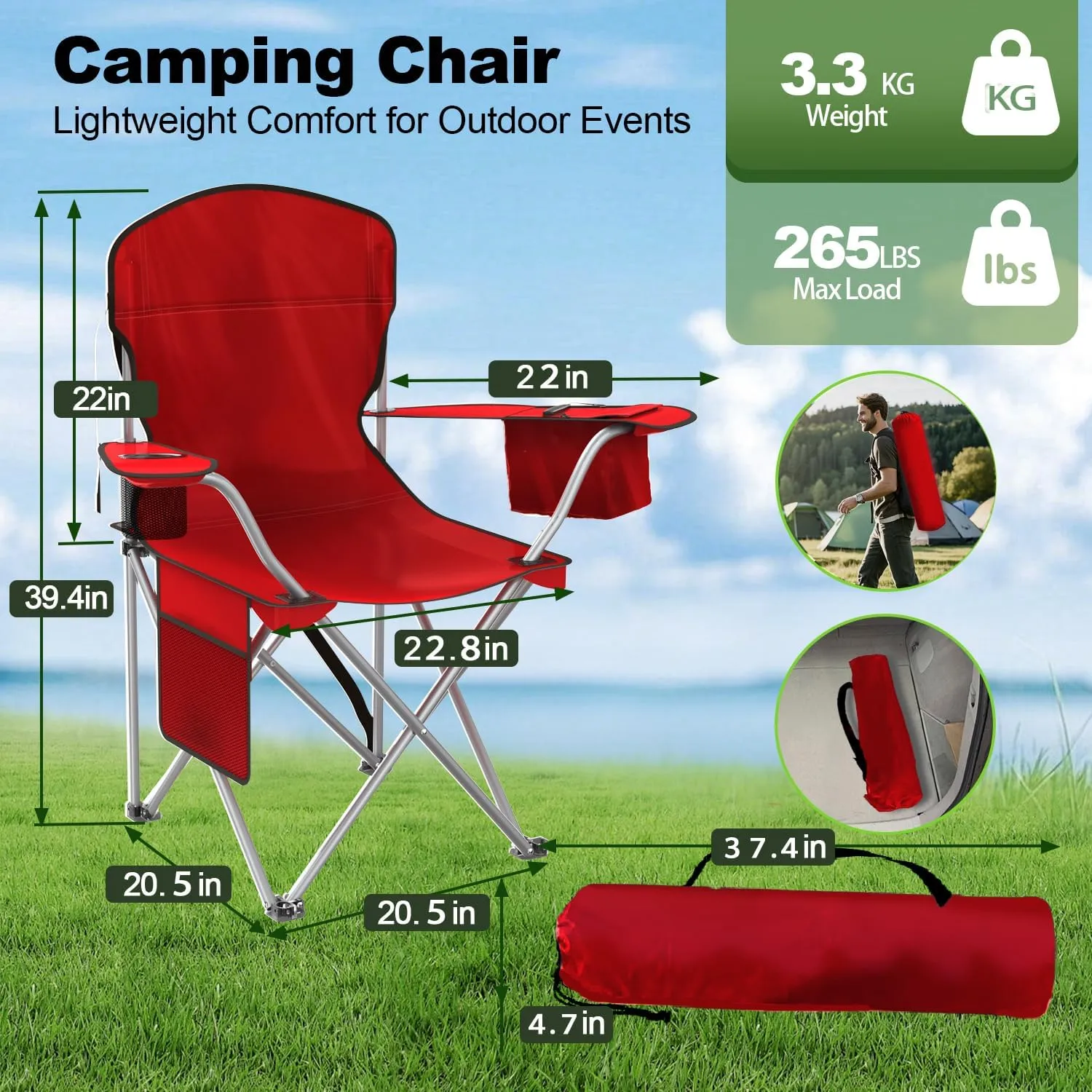 Folding Camping Chairs Durable 600D Oxford, Portable Outdoor Chair with Cooler Pouch, Cup Holder & Storage Pocket for Camping, Beach, Fishing (2 Pack, Red)
