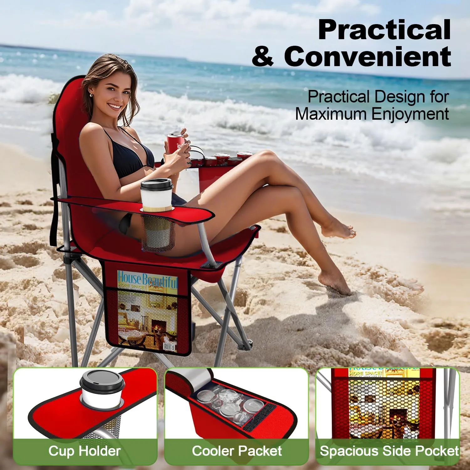 Folding Camping Chairs Durable 600D Oxford, Portable Outdoor Chair with Cooler Pouch, Cup Holder & Storage Pocket for Camping, Beach, Fishing (2 Pack, Red)
