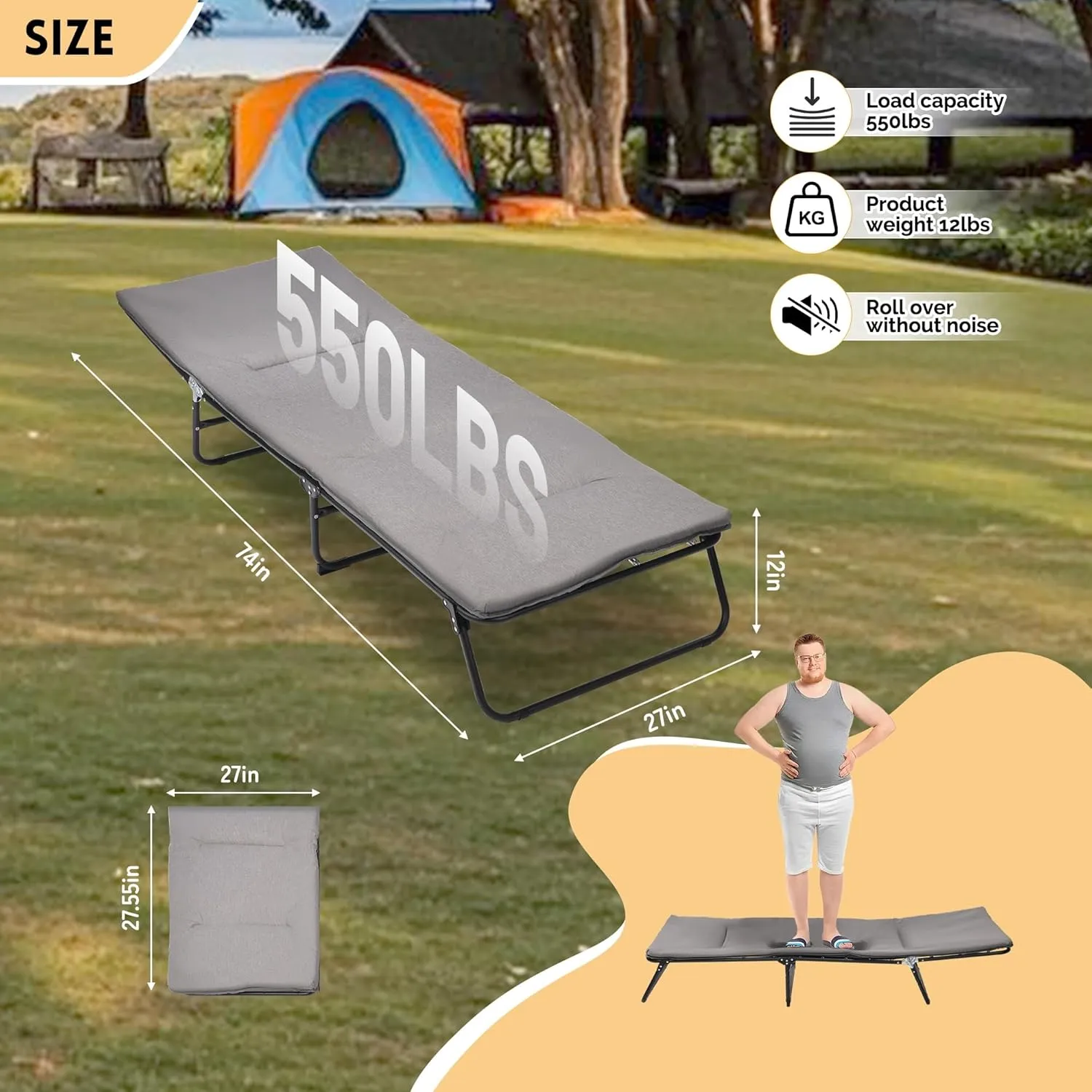 Folding Camping Cot for Adults, 5-Angle Adjustable Camping Cot Heavy Duty Outdoor Bed with Carry Bag, 1200 D Layer Oxford Travel Camp Cots(Gray)