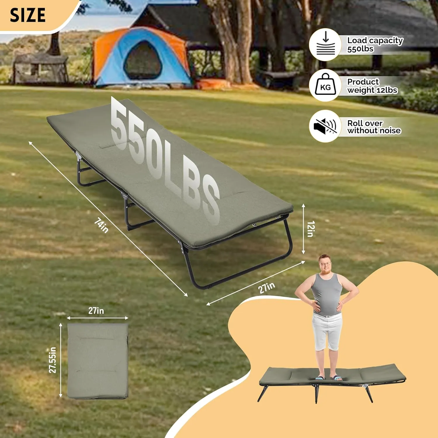 Folding Camping Cot for Adults, 5-Angle Adjustable Camping Cot Outdoor Camping Bed with Carry Bag,1200 D Layer Oxford Travel Portable Camp Cots for Hiking, Beach, Office Nap (Green)