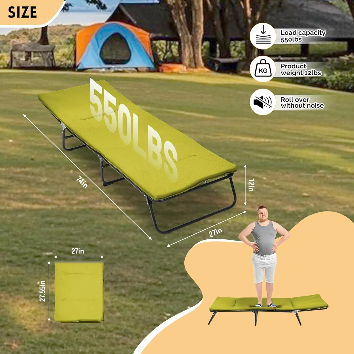 Folding Camping Cot for Adults Heavy Duty 5-Angle Adjustable Outdoor Bed with Carry Bag 1200D Oxford Travel Cot for Camping Hiking RV and Home Use (Green)