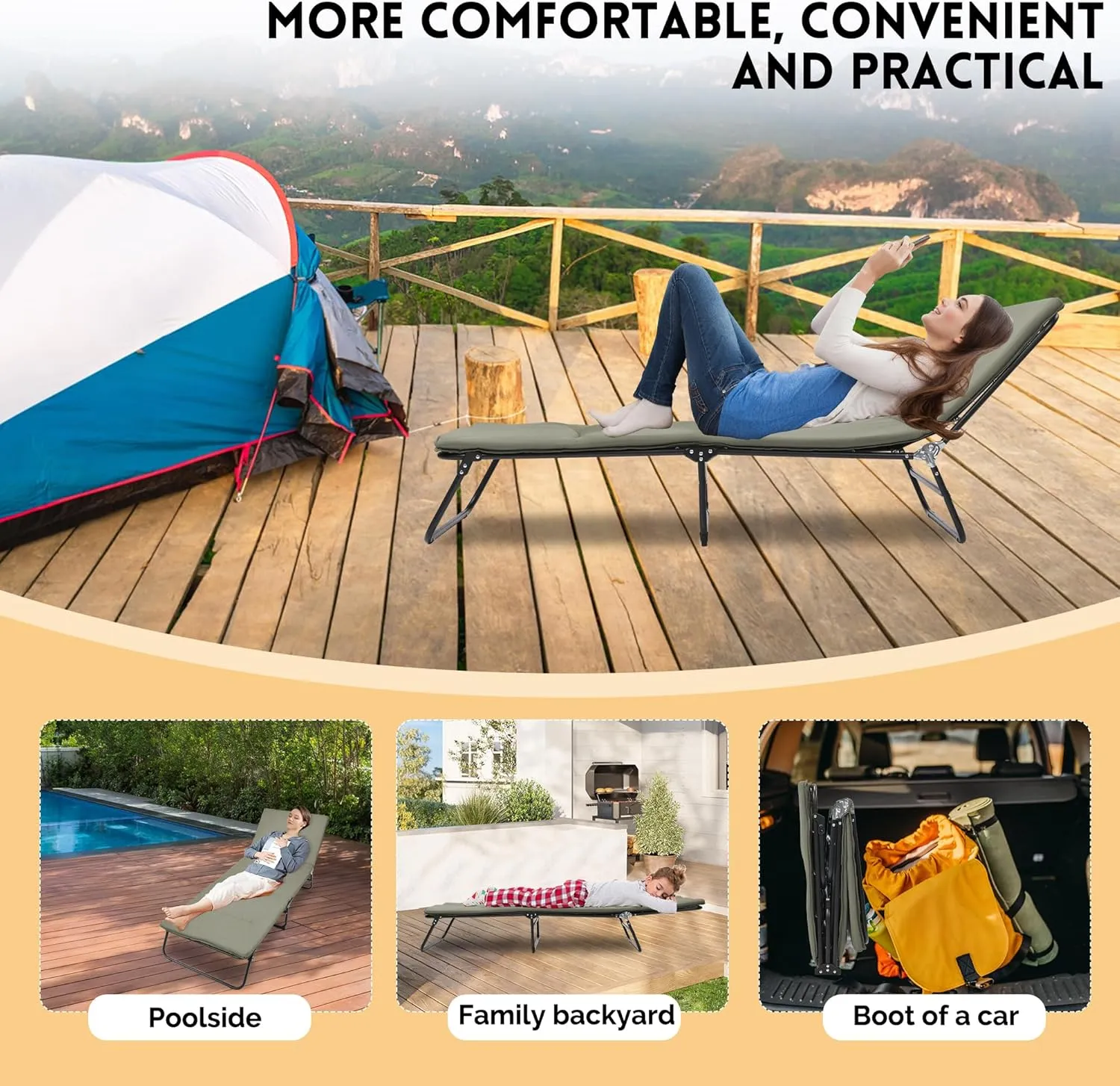 Folding Camping Cot for Adults Heavy Duty, 5-Angle Adjustable Outdoor Bed with Carry Bag, 1200D Oxford Travel Cot for Camping Hiking RV Office & Guest Bed (Green)