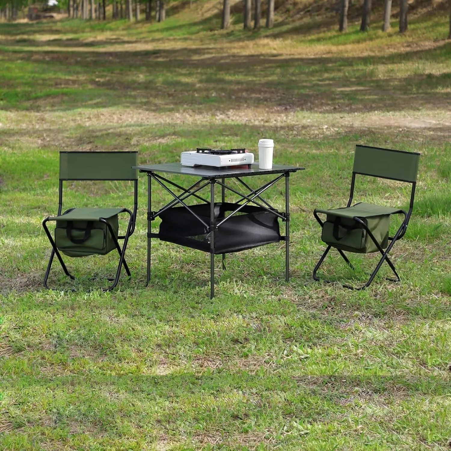 Folding Camping Table and Chair Set of 2, Lightweight Aluminum Roll-up Square Table for Picnics, Beach,Backyard, BBQ, Party, Patio, Black Blue