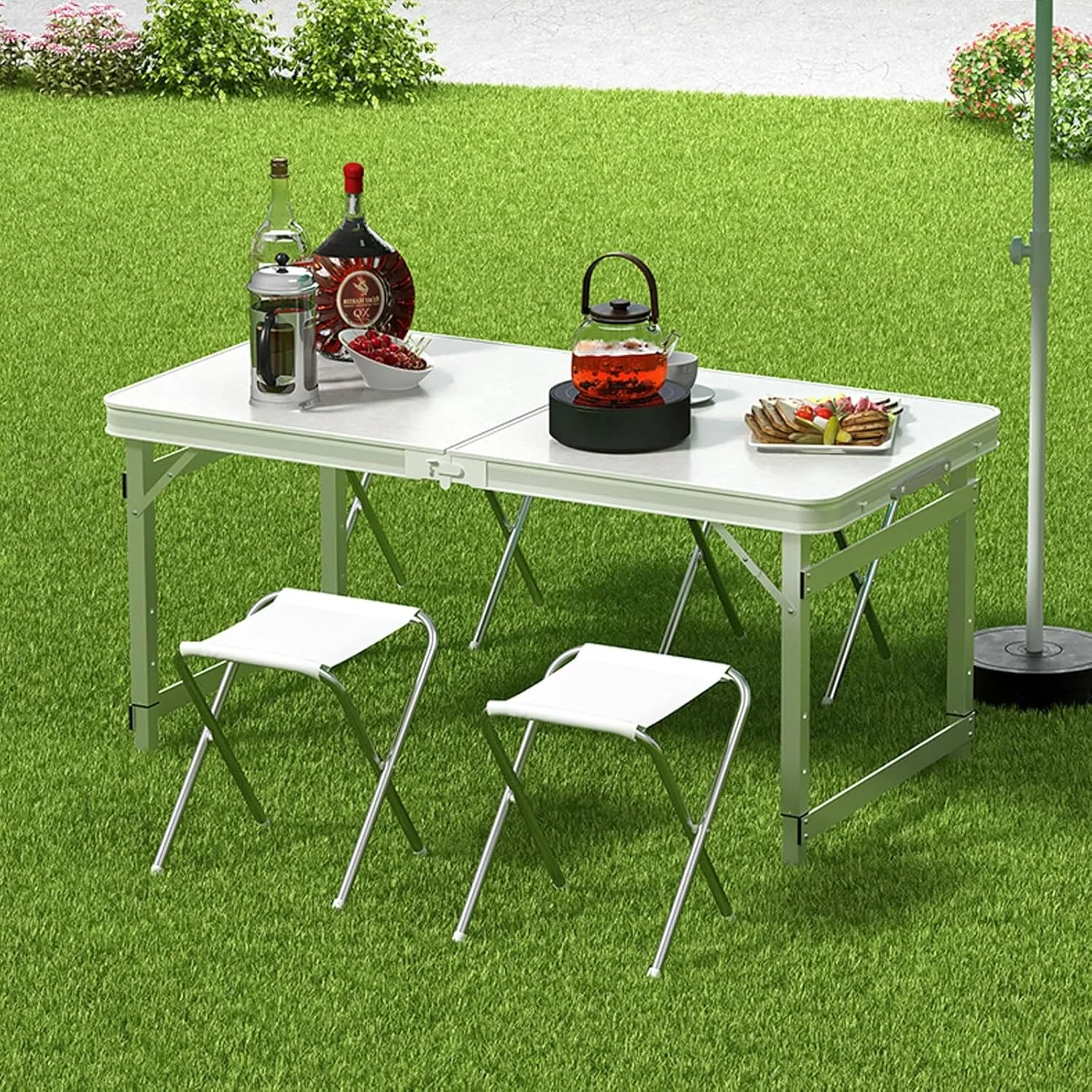 Folding Camping Table and Chairs, Aluminum Folding Table, Adjustable Height, Folding Table and Chairs for Camping, Picnic, BBQ, Beach (Color : A)