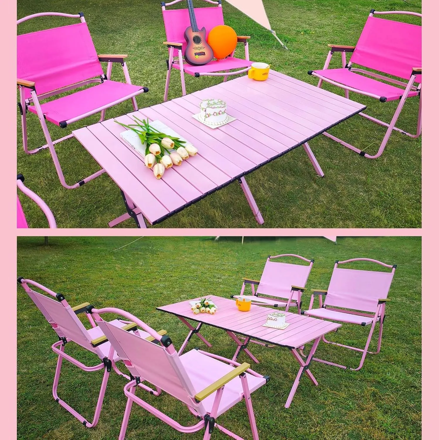 Folding Camping Table and Chairs Portable and Foldable Picnic Bench Set Carbon Steel Roll-Up Bbq Table with Storage Bag (Pink Chair)