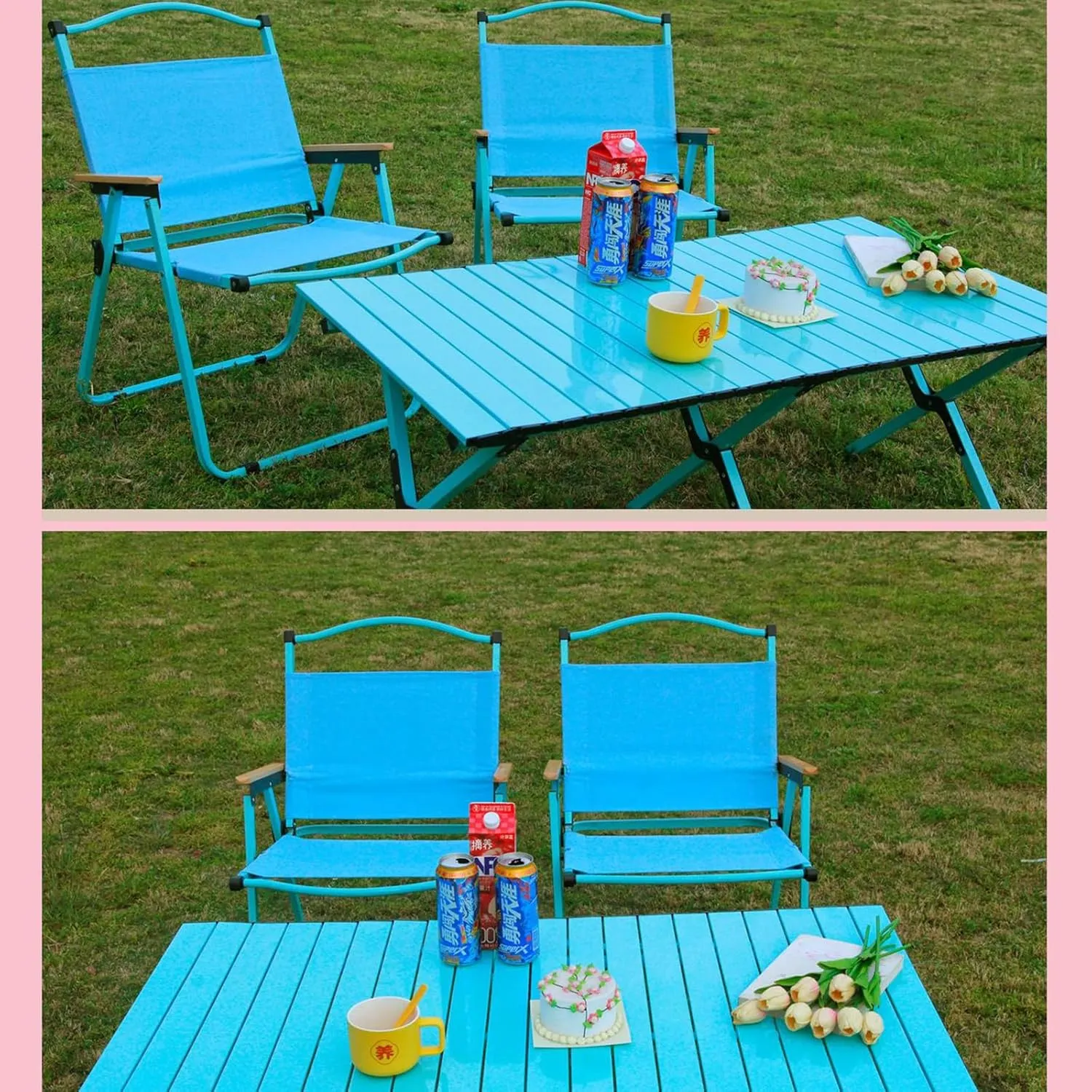 Folding Camping Table and Chairs Portable and Foldable Picnic Bench Set Carbon Steel Roll-Up Bbq Table with Storage Bag (Pink Chair)