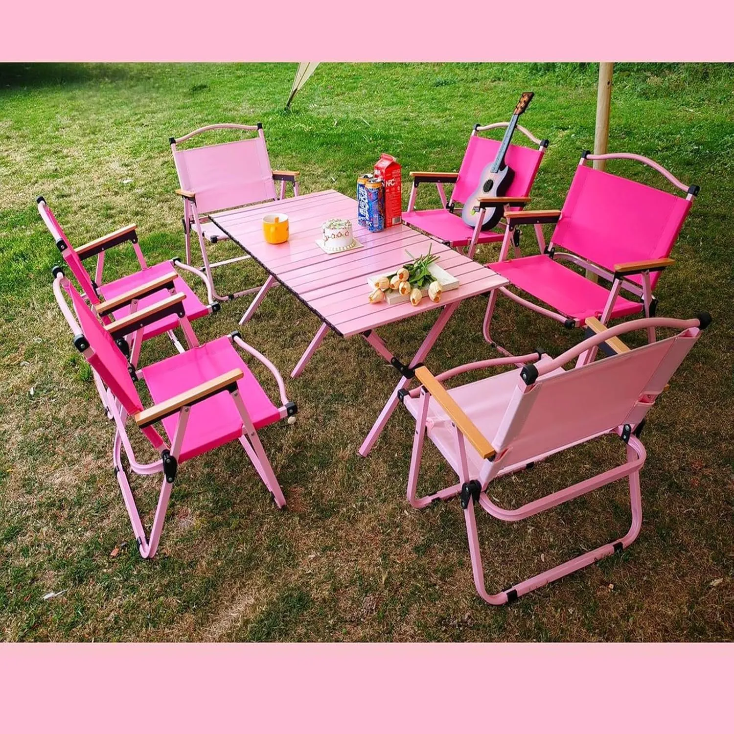 Folding Camping Table and Chairs Portable and Foldable Picnic Bench Set Carbon Steel Roll-Up Bbq Table with Storage Bag (Pink Chair)