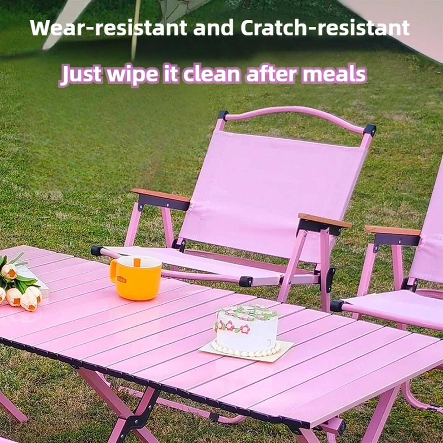 Folding Camping Table and Chairs Portable and Foldable Picnic Bench Set Carbon Steel Roll-Up Bbq Table with Storage Bag (Pink Chair)