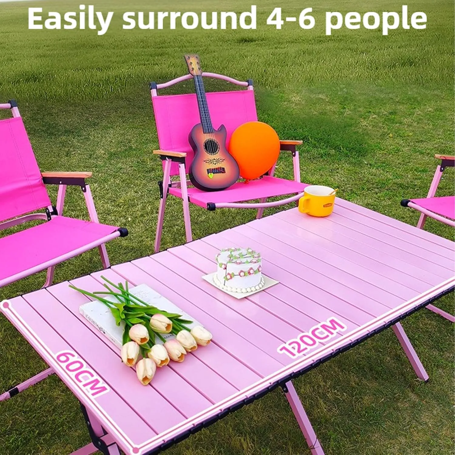 Folding Camping Table and Chairs Portable and Foldable Picnic Bench Set Carbon Steel Roll-Up Bbq Table with Storage Bag (Pink Chair)