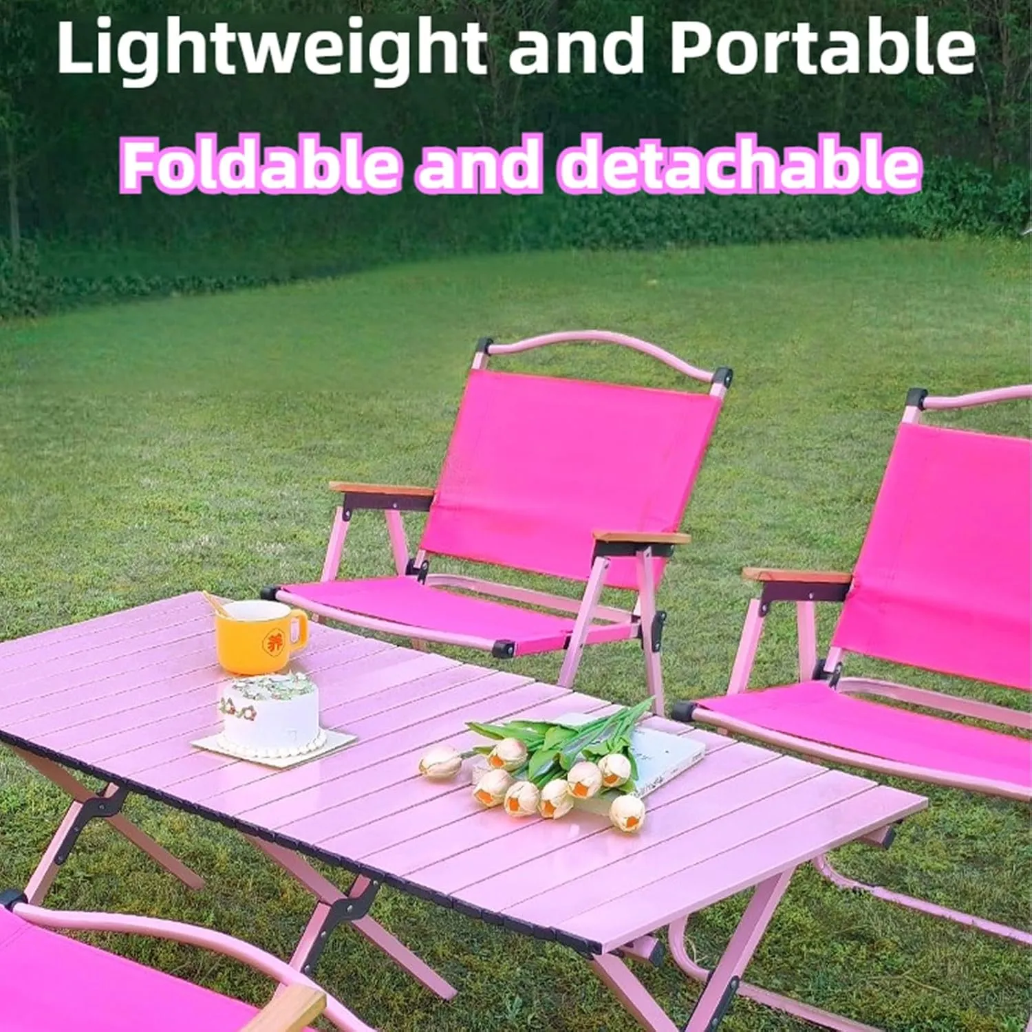 Folding Camping Table and Chairs Portable and Foldable Picnic Bench Set Carbon Steel Roll-Up Bbq Table with Storage Bag (Pink Chair)