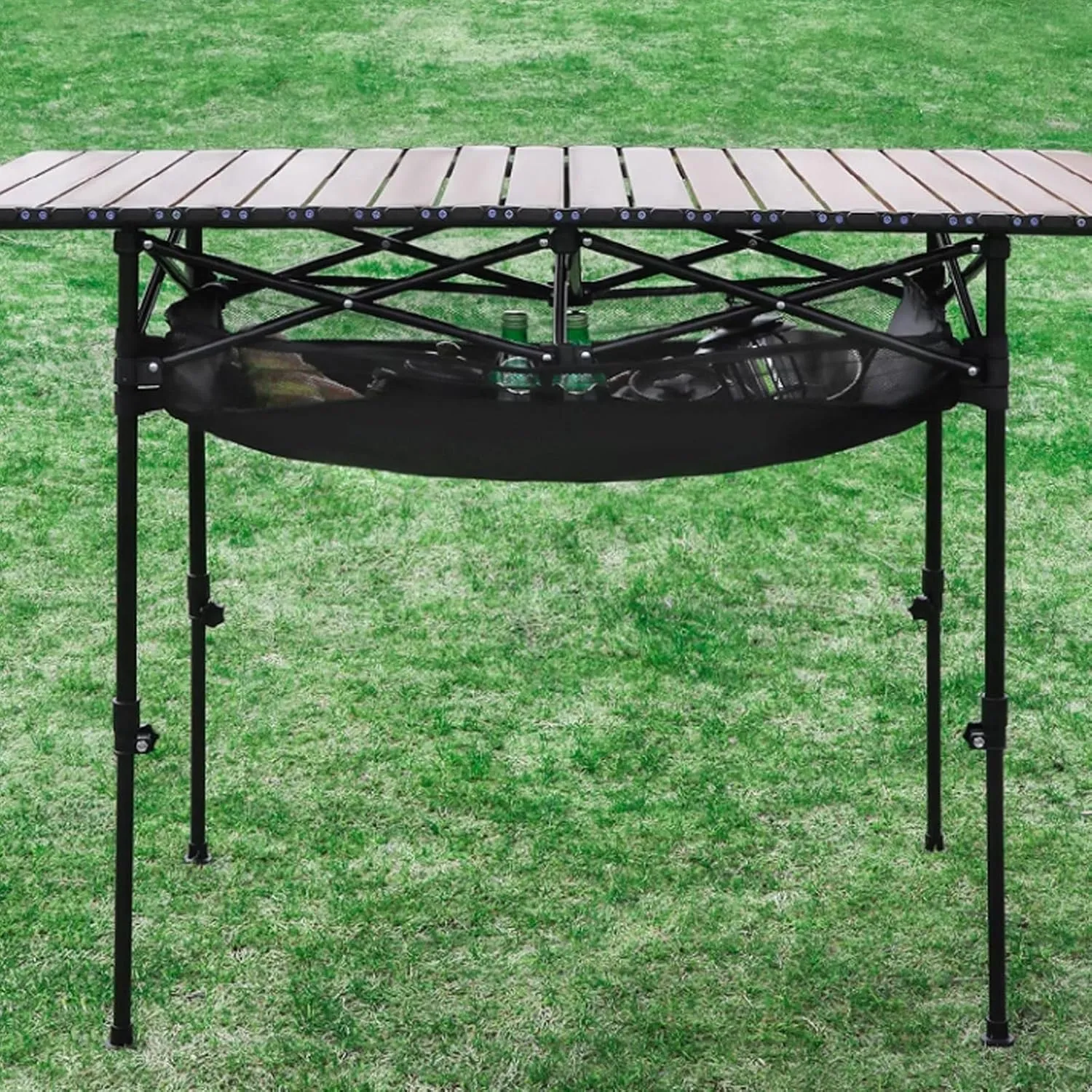 Folding Camping Table Portable Made of Carbon Steel Adjustable Height, with Storage Net Pocket for Outdoor, Camping, Beach(Black,53 * 50cm)