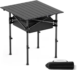 Folding Camping Table Portable Made of Carbon Steel Adjustable Height, with Storage Net Pocket for Outdoor, Camping, Beach(Black,53 * 50cm)