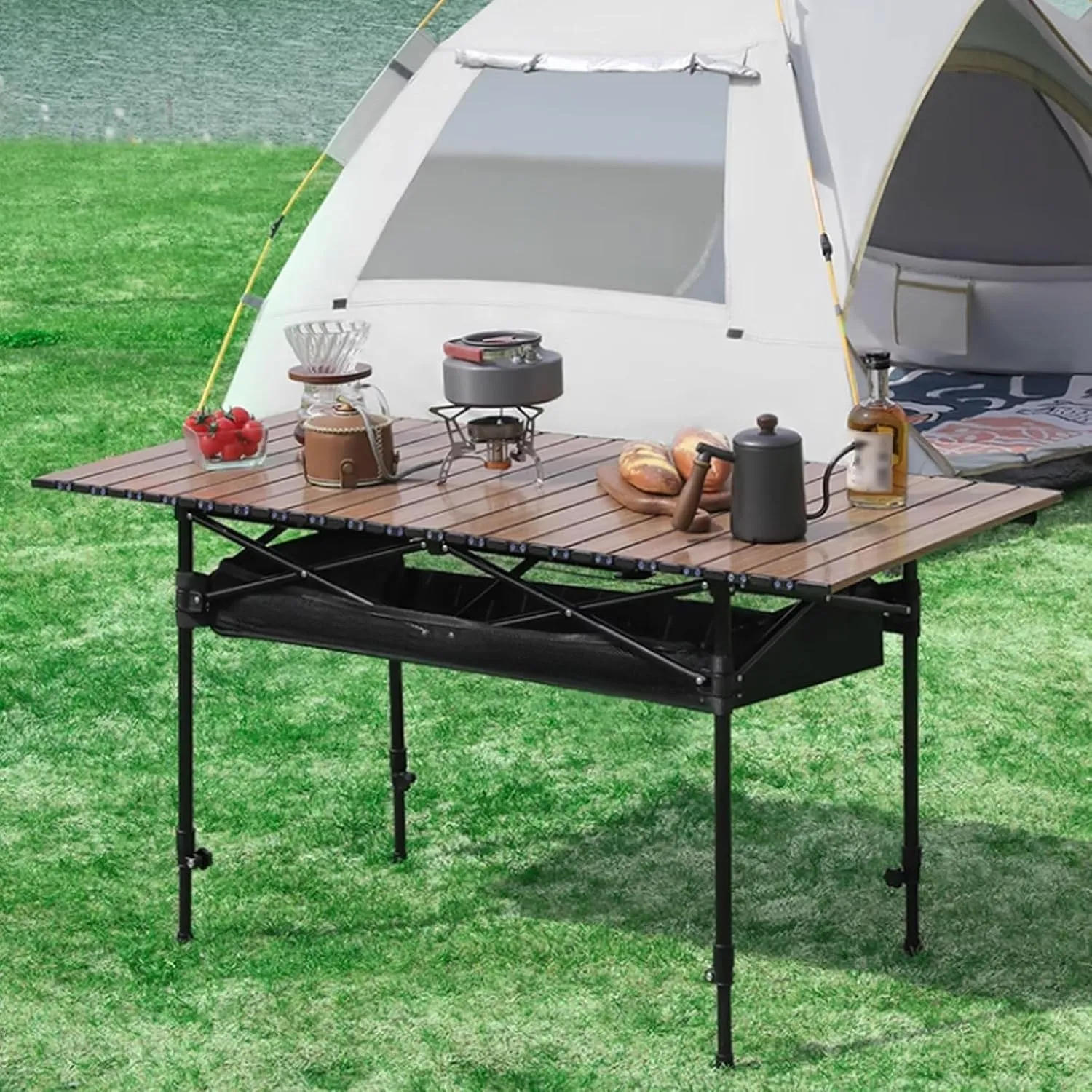 Folding Camping Table Portable Made of Carbon Steel Adjustable Height, with Storage Net Pocket for Outdoor, Camping, Beach(Black,53 * 50cm)