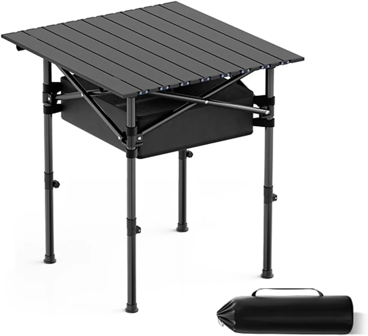 Folding Camping Table Portable Made of Carbon Steel Adjustable Height, with Storage Net Pocket for Outdoor, Camping, Beach(Black,53 * 50cm)