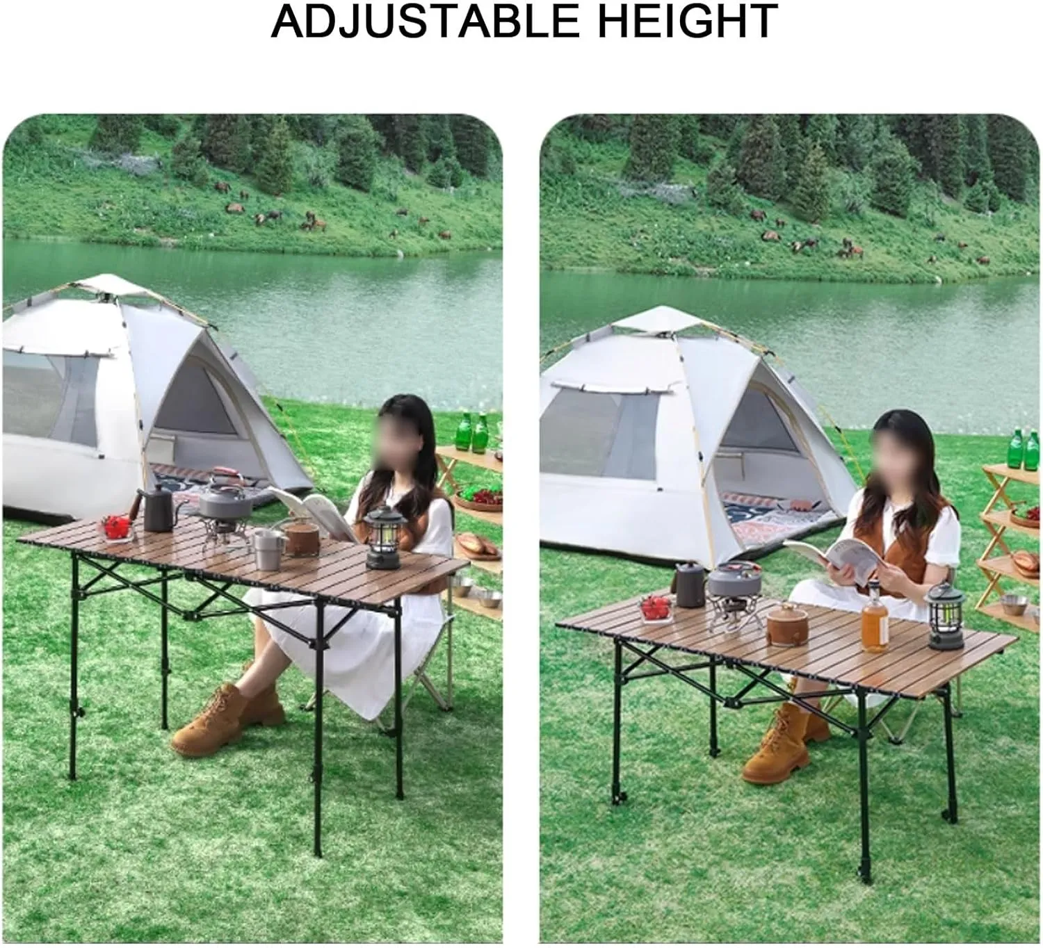 Folding Camping Table Portable Made of Carbon Steel Adjustable Height, with Storage Net Pocket for Outdoor, Camping, Beach(Black,53 * 50cm)