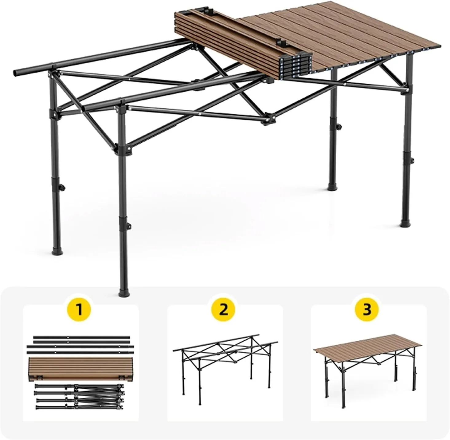 Folding Camping Table Portable Made of Carbon Steel Adjustable Height, with Storage Net Pocket for Outdoor, Camping, Beach(Black,53 * 50cm)