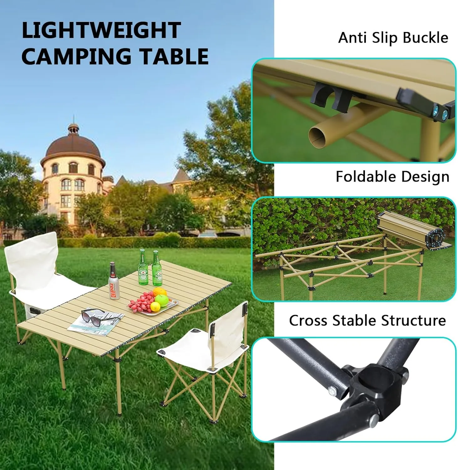 Folding Camping Table, Portable Picnic Table with Carry Bag, Lightweight Aluminum Roll-Up Design for Camping, Backpacking, Beach, BBQ, and Outdoor Parties Black 50×53×50cm/19.7×20.9×19.7in