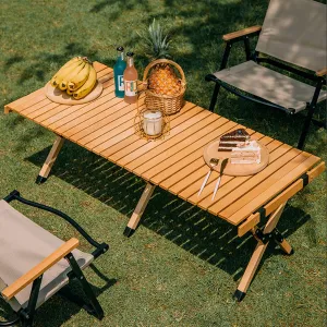 Folding Camping Table, Portable Wooden Picnic Table with Carry Bag for Outdoor, Multi-Purpose Roll-Up Travel Camping Table for Beach, Backyards, BBQ and Party(Size:60x45x43cm,Color:V