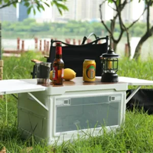 Folding Camping Table Storage Box with Wheels Parking Warning Sign, Portable Camp Organizer Box, Small Folding Camping Table for Indoor Outdoor,Camping, Beach, BBQ Grey