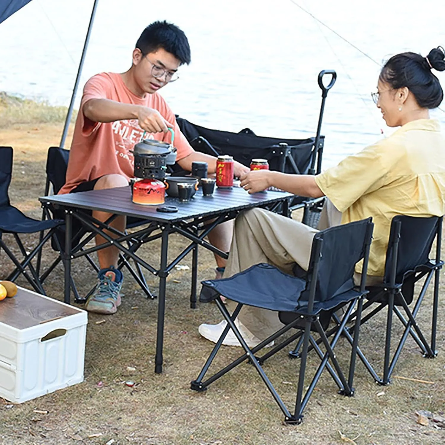 Folding Camping Table with Mesh Bag, Portable Camping Table, Lightweight Aluminum Roll-Up Folding Table, for Outdoor Camping, Picnics, Beach, Backyard, TABLE_21.6IN/55CM, Beige
