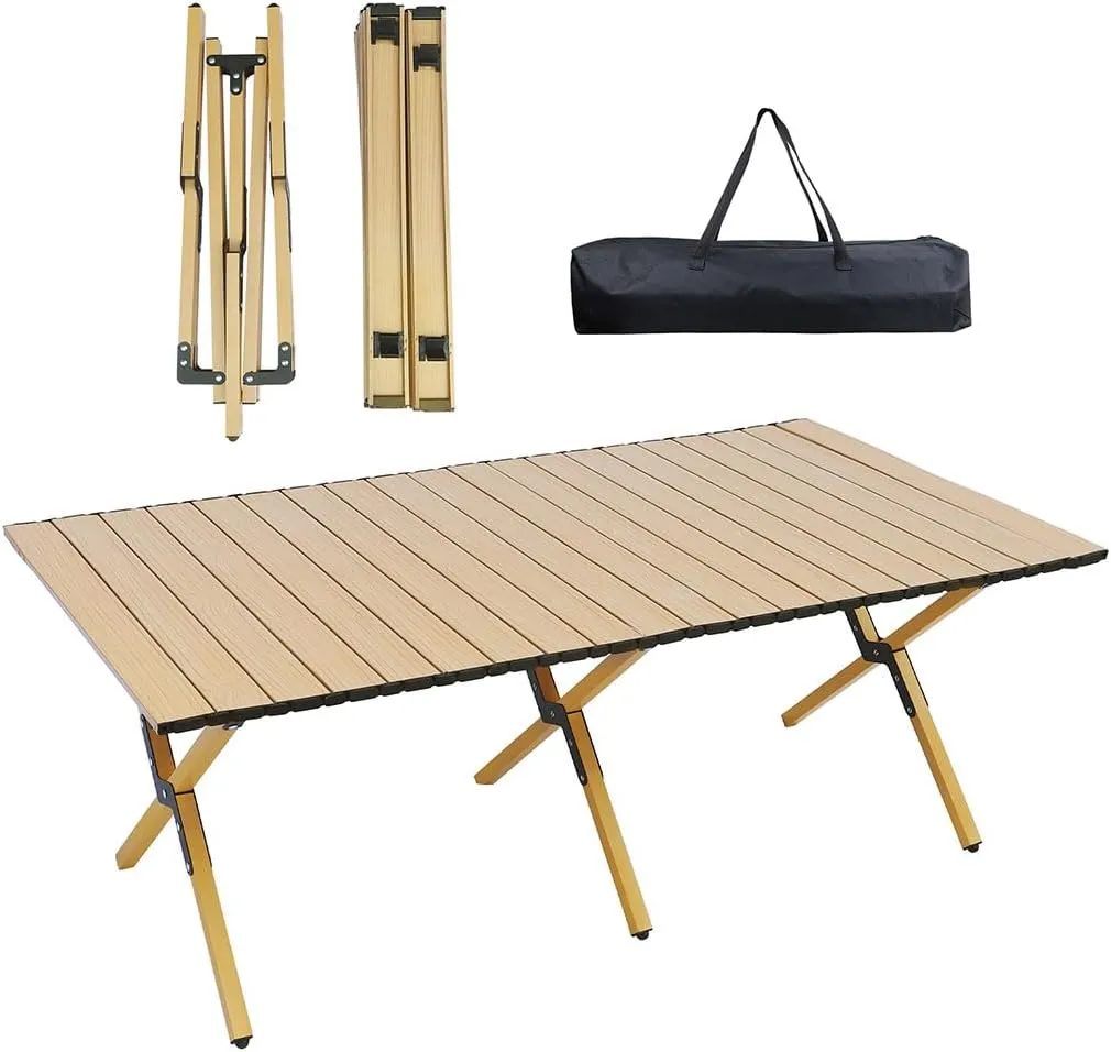 Folding Camping Table,Portable Ultra Lightweight Folding Beach Table with Carry Bag 4-6 Person Lightweight Aluminum Roll-up Table for Camping Outdoor Picnic BBQ Backyard Party