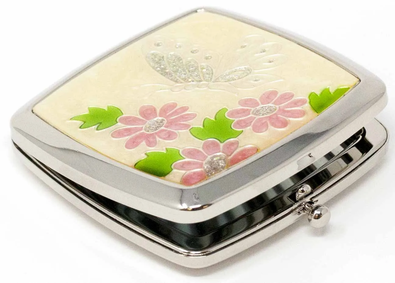 Folding Compact Pocket Makeup Mirror With Swarovski Rhinestone Crystals Double Sided (5x magnification   1x magnification) (Silver Butterfly)