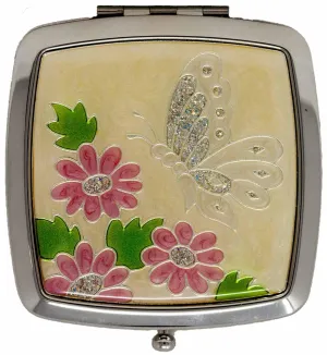 Folding Compact Pocket Makeup Mirror With Swarovski Rhinestone Crystals Double Sided (5x magnification   1x magnification) (Silver Butterfly)