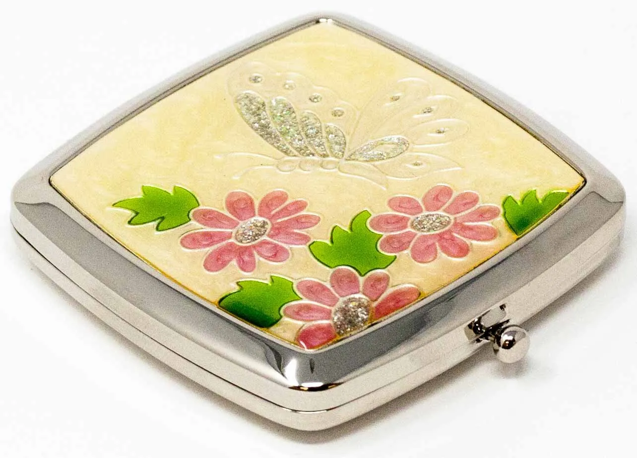 Folding Compact Pocket Makeup Mirror With Swarovski Rhinestone Crystals Double Sided (5x magnification   1x magnification) (Silver Butterfly)