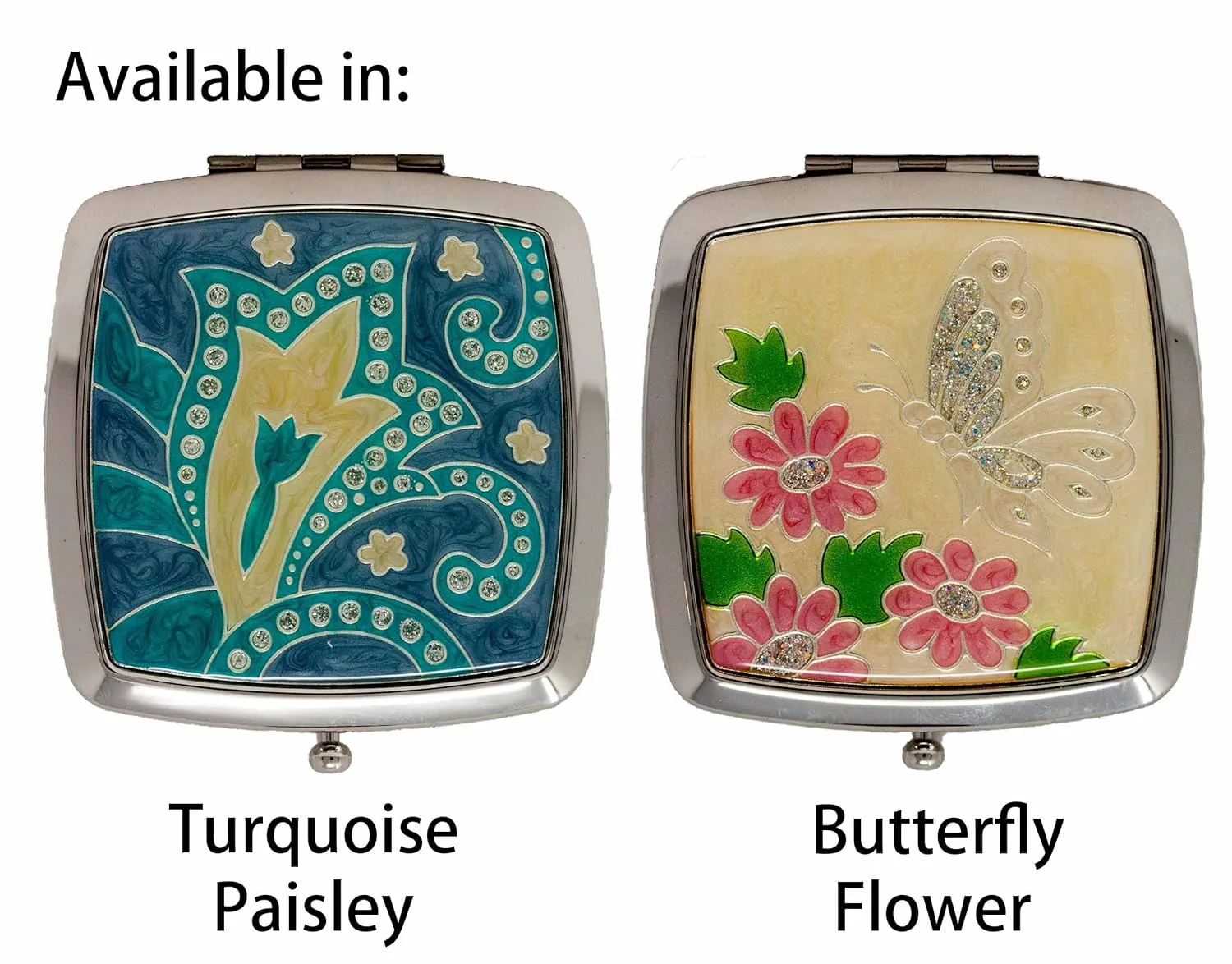Folding Compact Pocket Makeup Mirror With Swarovski Rhinestone Crystals Double Sided (5x magnification   1x magnification) (Silver Butterfly)