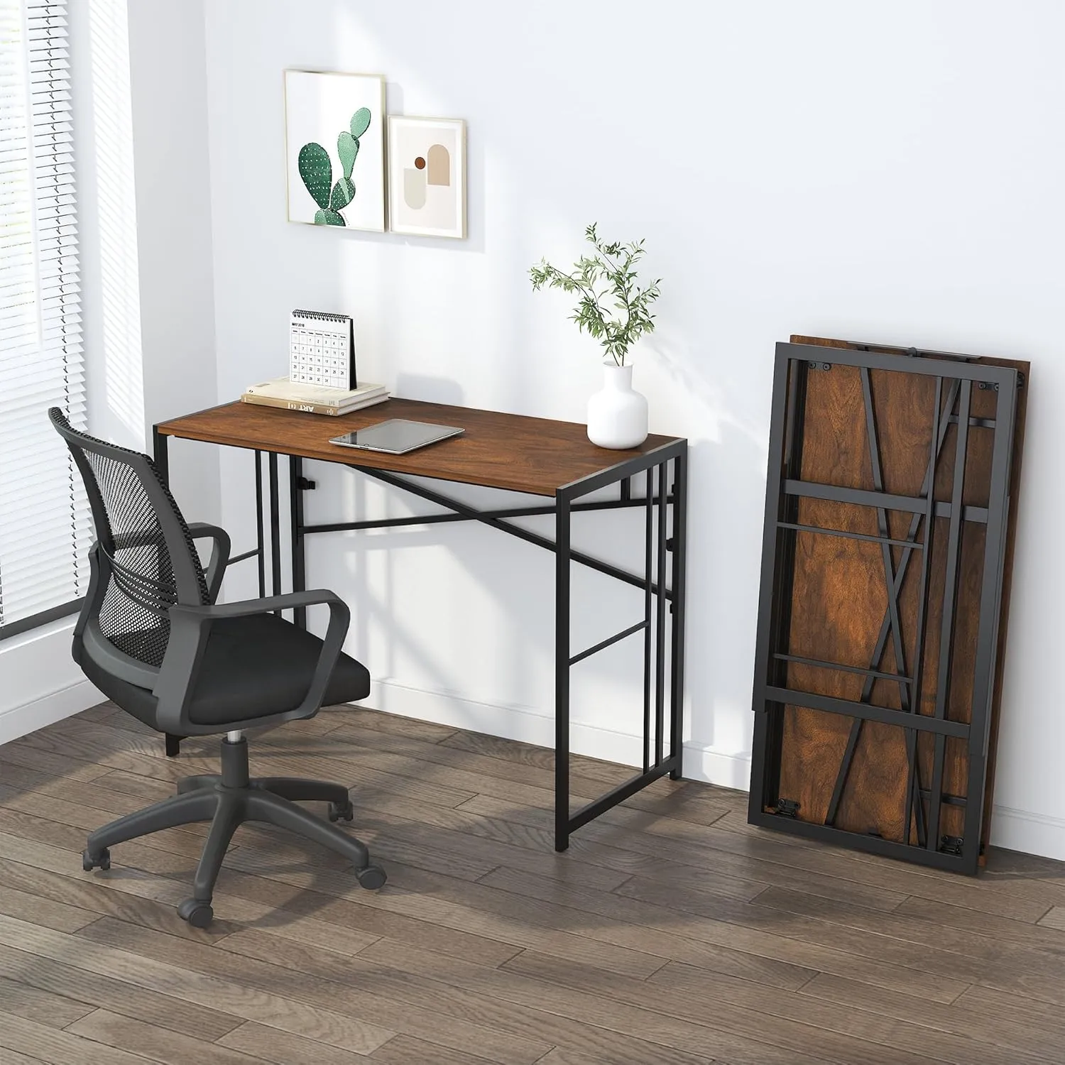 Folding Computer Desk 40 inch Writing Gaming Computer Camping Desk, No Assembly Required Home Office Table, Mahogany