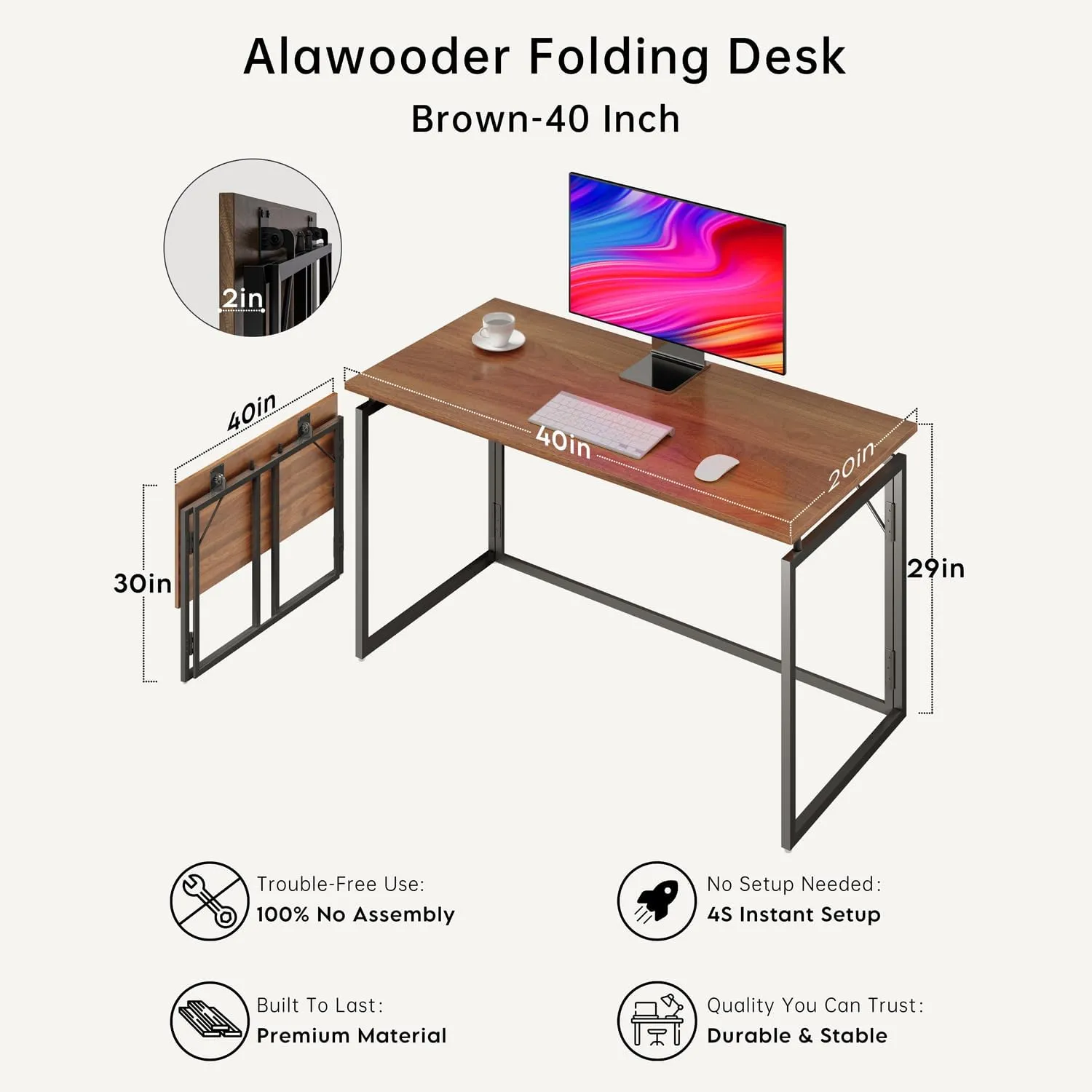 Folding Desk 40 Inch - Small Foldable Desk for Small Space Minimalist, Space Saving Collapsible Compact Desk Portable Table for Craft, Writing, Study and Work (No Assembly Required)