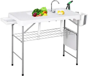 Folding Fish Cleaning Table, 42.6” Portable Camping Sink Table with Faucet & 2 Sinks, w/Grid Rack, Drainage Hose, Sprayer, Garbage Bin, Drawer, for Picnic Fishing
